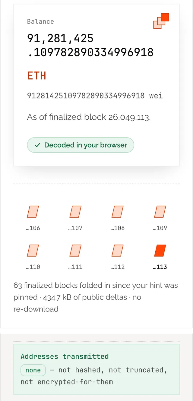 Screenshot of demo.risepir.org at a mobile viewport width: a completed private balance lookup of the Ethereum beacon deposit contract, and the receipt's "Addresses transmitted: none" row.